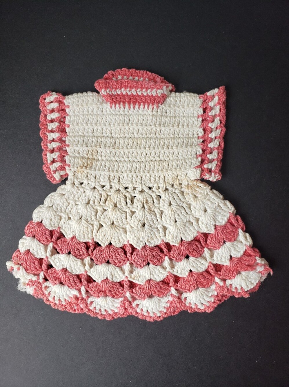 Vintage 1950's Handmade Crochet Pink and Cream Decorative Potholder Ovenmit